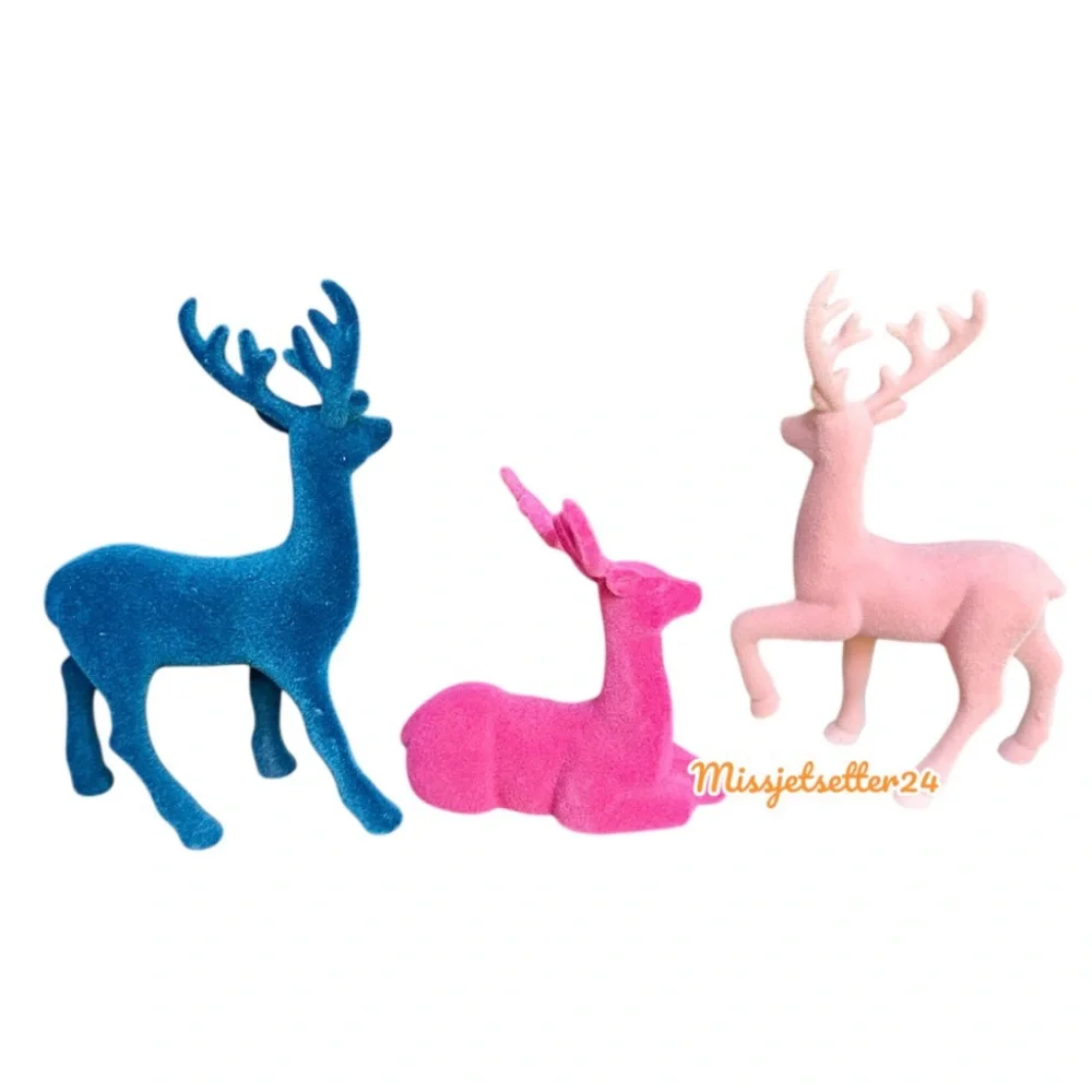 3 Target Flocked Deer Blue, Light Pink and Fuchsia Modern Christmas Decor EUC